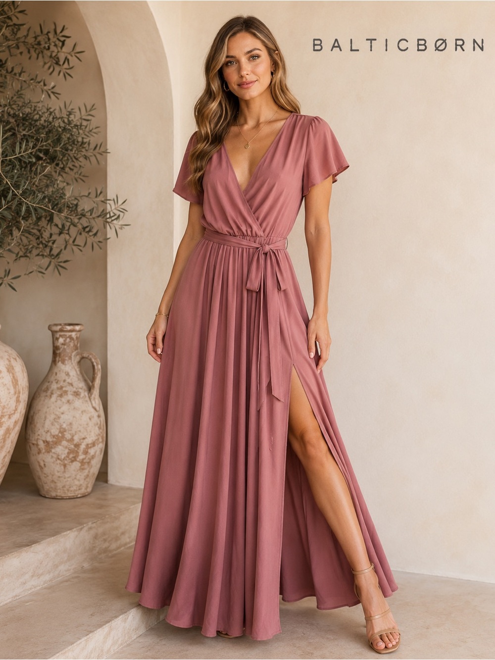Baltic Born Kristina Maxi Dress Dusty Rose M Slit Wedding Faux Wrap Belted